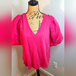 Express Fuchsia V-Neck Puff Sleeve Blouse